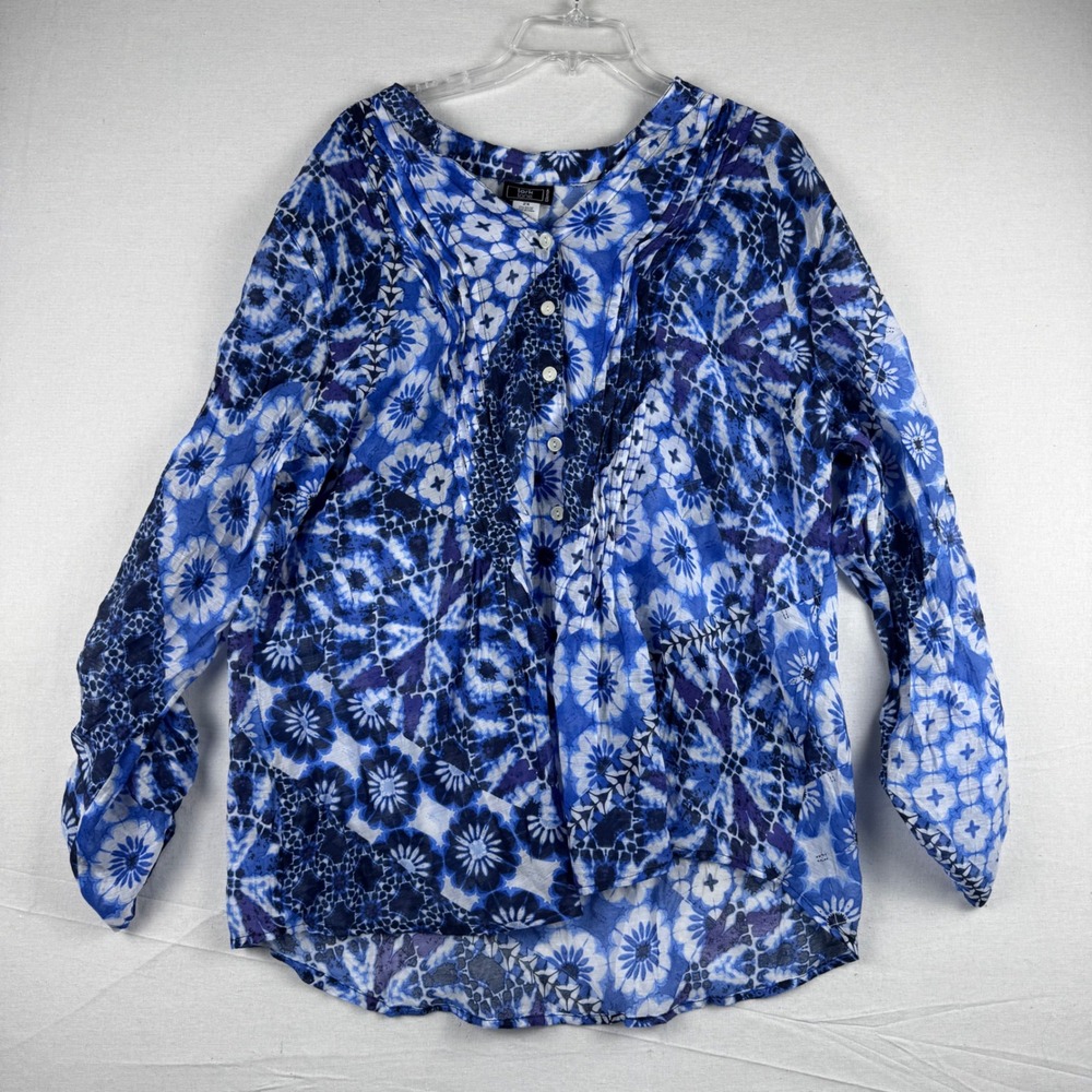 Lark Lane Womens 2X Navy Blue Floral Patchwork Button Front Blouse 62642 VM